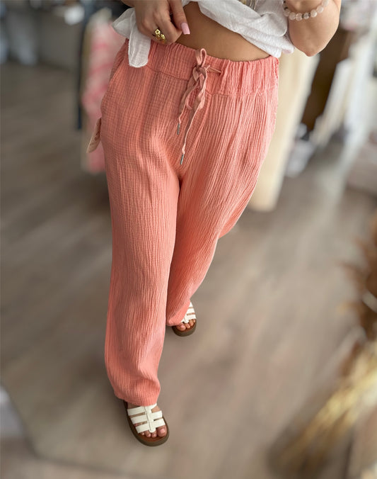 Pantalon gaz de coton saumon