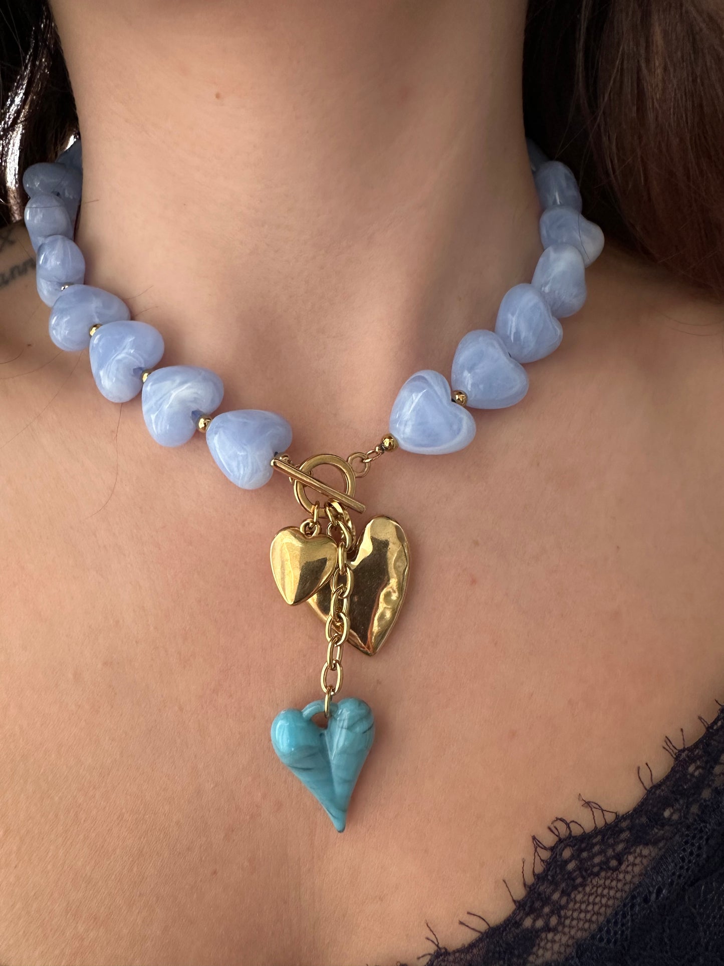Collier perles cœur - Bleu