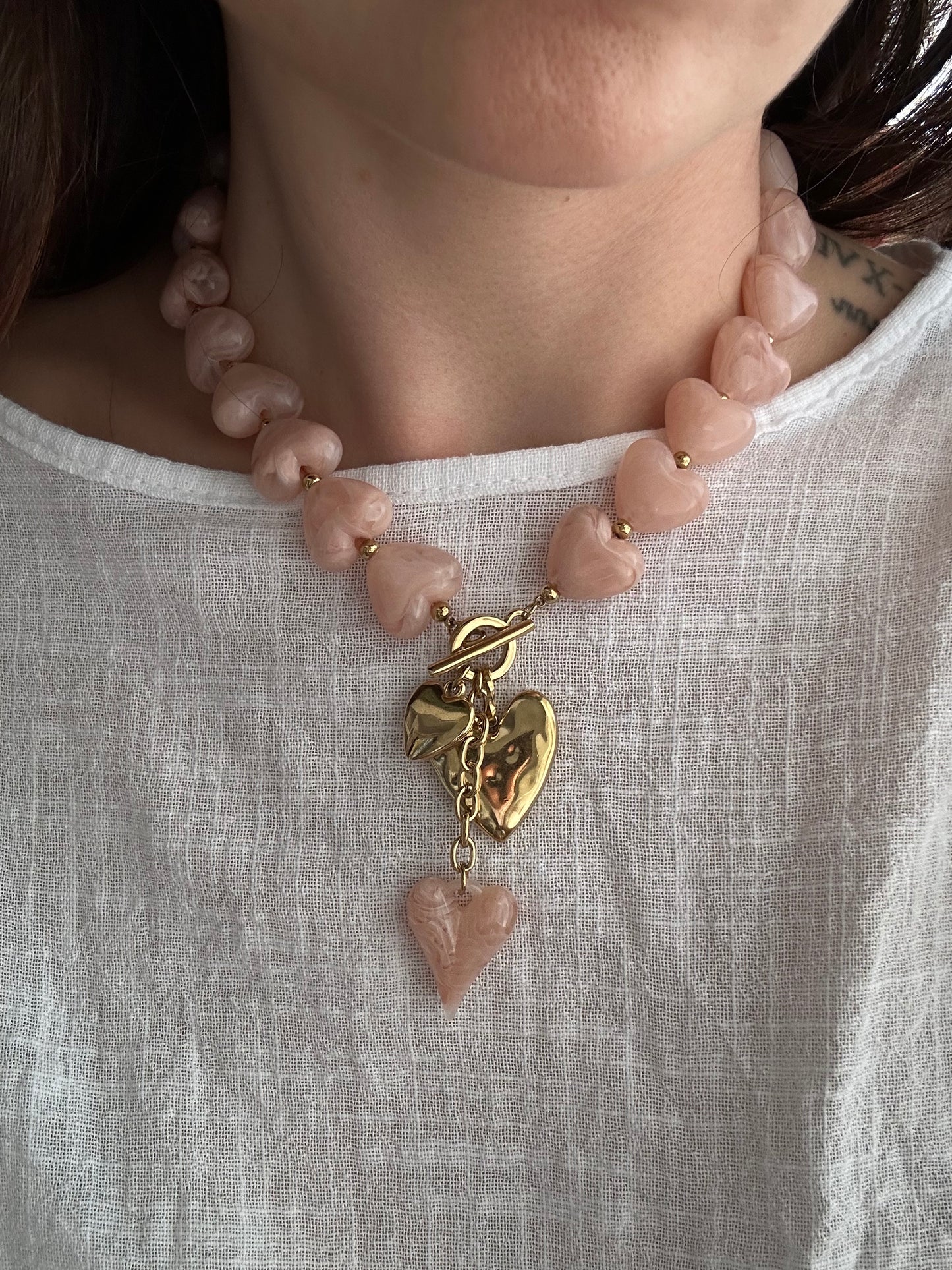 Collier perles cœur - Rose