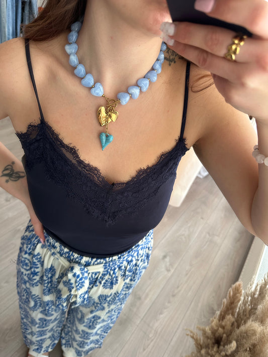 Collier perles cœur - Bleu