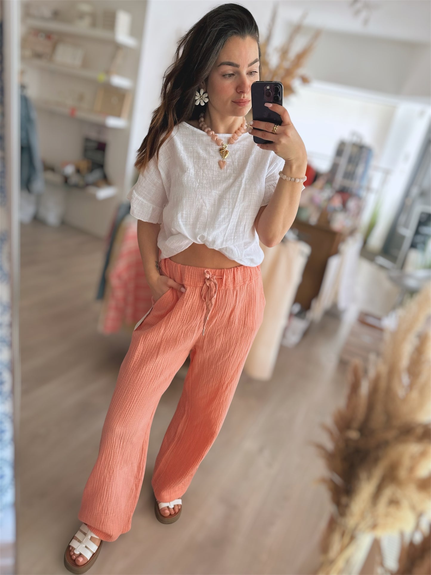 Pantalon gaz de coton saumon