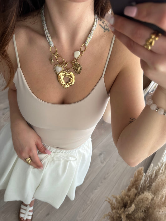 Collier corde cœur - Beige/vert
