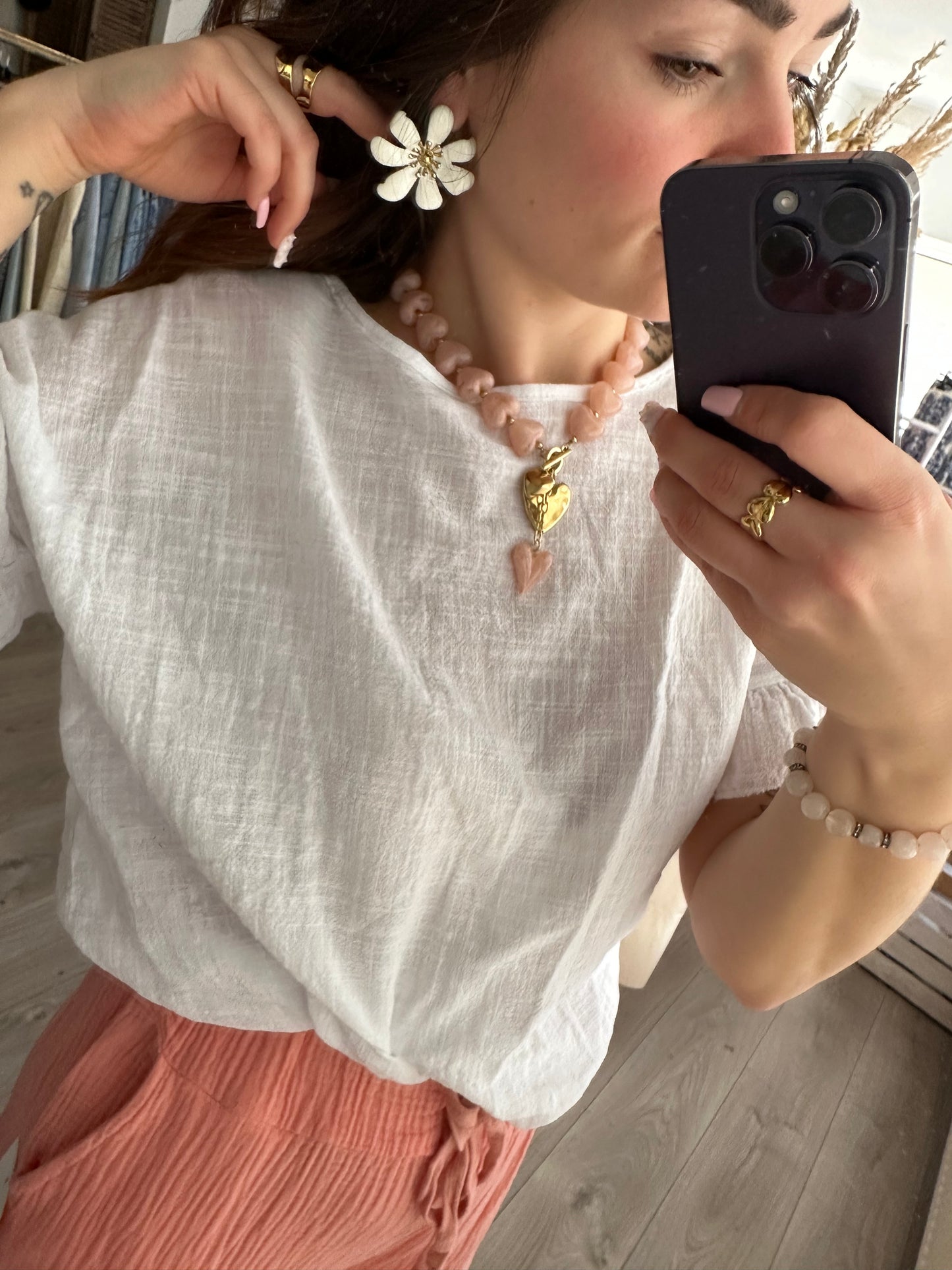Collier perles cœur - Rose
