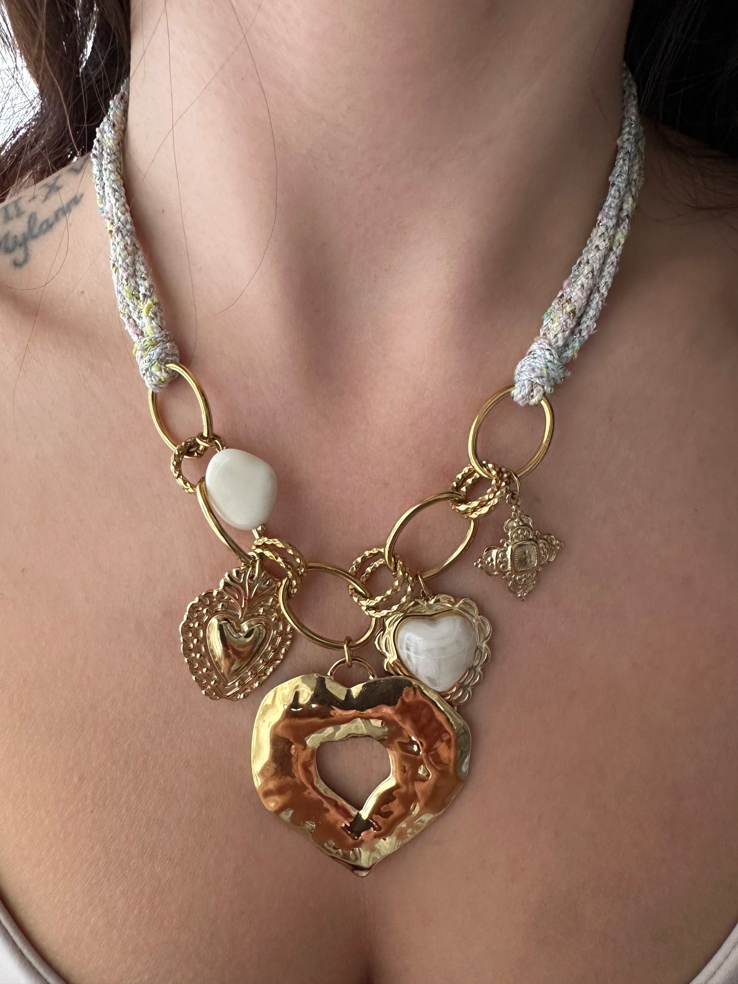 Collier corde cœur - Beige/vert